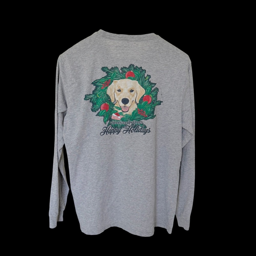 Vineyard Vines Gray Christmas Golden Retriever Wreath LS Pocket T-Shirt M